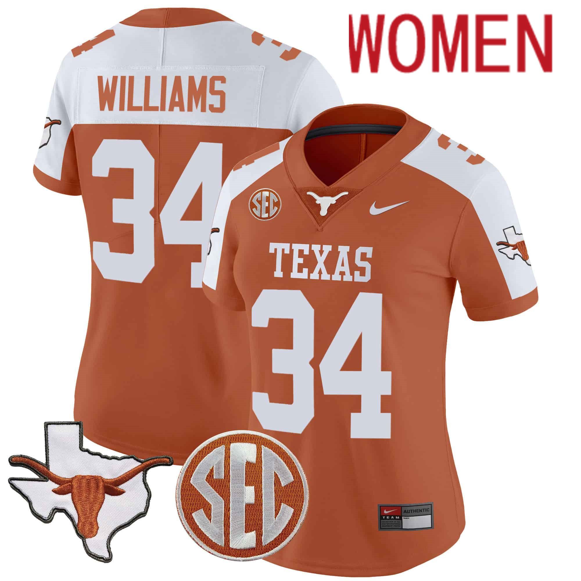 Women Texas Longhorns #34 Williams Orange 2024 Nike State Map & SEC Patch Vapor NCAA Jersey->women nfl jersey->Women Jersey
